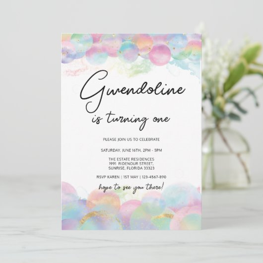 Gold Shimmer en Bubble Rainbow 1st Birthday Kaart (Staand voorkant)