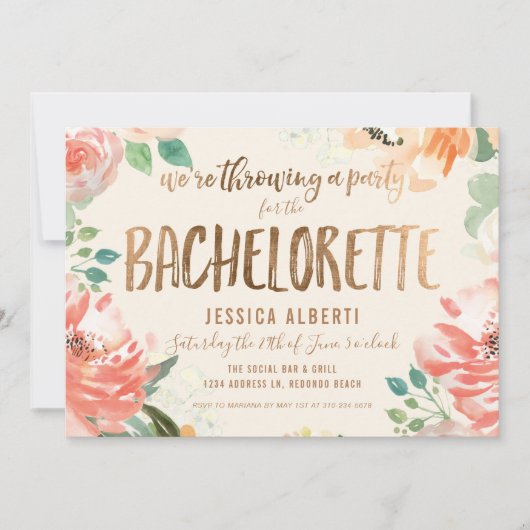 Gold Shimmer Floral Waterverf Bachelorette Party Kaart (Voorkant)