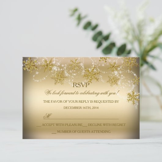 Gold Shimmer Snowflake kerstfeestdag RSVP Kaart (Staand voorkant)