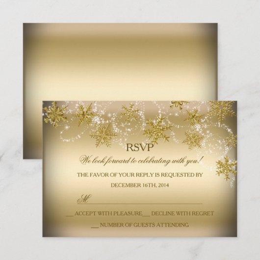 Gold Shimmer Snowflake kerstfeestdag RSVP Kaart (Voorkant / Achterkant)