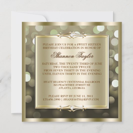 Gold Shimmering Lights Bokeh Sweet Sixteen Invite Kaart (Achterkant)