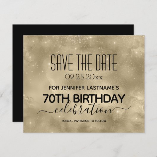 Gold Shine 70th Birthday Save the Date Budget (Voorkant / Achterkant)