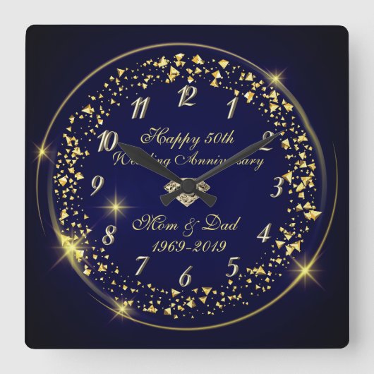 Gold Shiny Confetti, Blue 50th Wedding Jubileum Vierkante Klok (Voorkant)