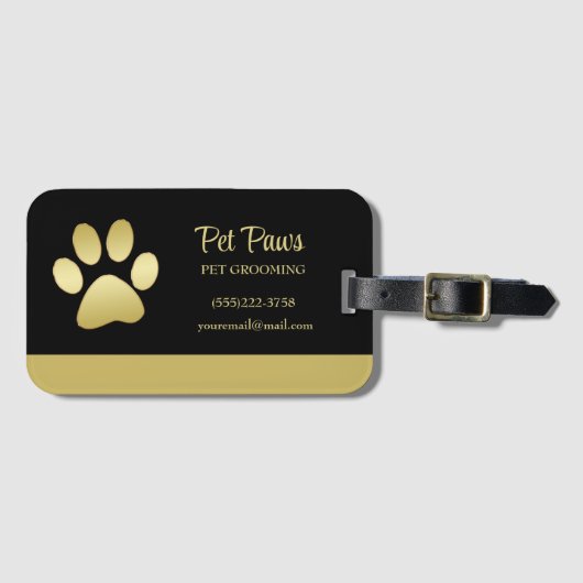 Gold Shiny Dog Paw op Black Pet Grooming Service Bagagelabel (Voorkant (horizontaal))