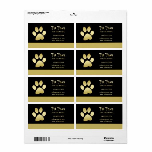 Gold Shiny Dog Paw op Black Pet Grooming Service Etiket (Full Sheet)