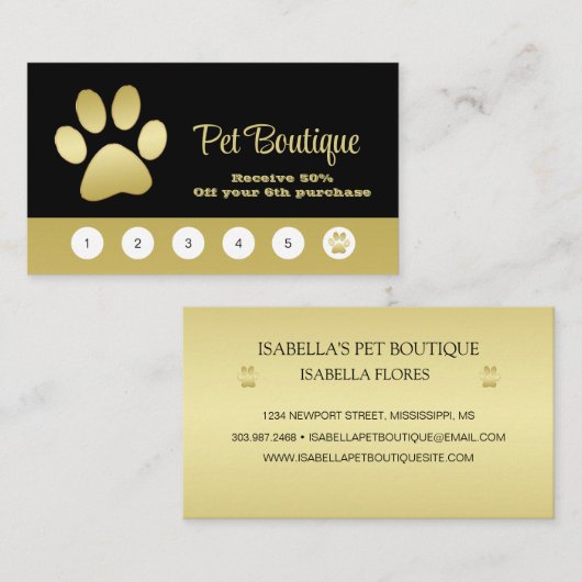 Gold Shiny Dog Paw op Black Pet Grooming Service Klantenkaartje (Voorkant / Achterkant)