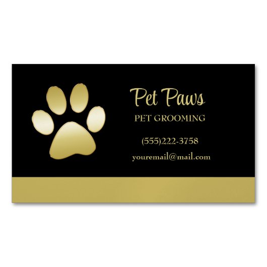 Gold Shiny Dog Paw op Black Pet Grooming Service Magnetisch Visitekaartje (Voorkant)