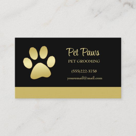 Gold Shiny Dog Paw op Black Pet Grooming Service Visitekaartje (Voorkant)