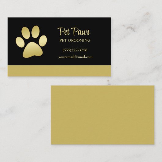 Gold Shiny Dog Paw op Black Pet Grooming Service Visitekaartje (Voorkant / Achterkant)