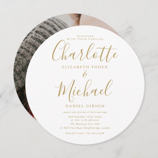 Gold Signature Script Circular Photo Wedding Kaart (Voorkant / Achterkant)