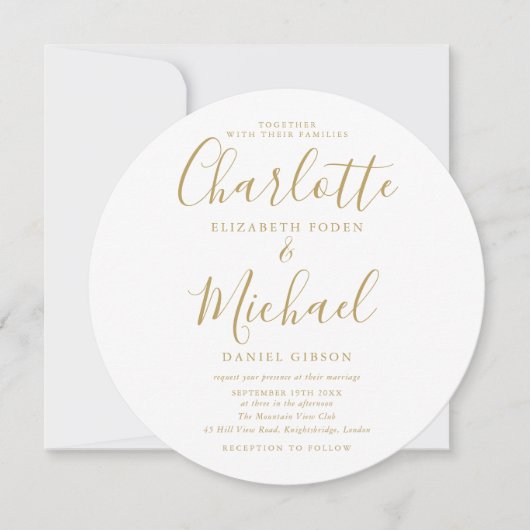 Gold Signature Script Circular Photo Wedding Kaart (Voorkant)
