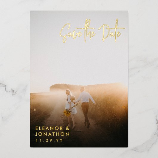 Gold Signature Script Photo Save the Date Folie Uitnodiging (Voorkant)