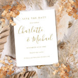 Gold Signature Script Weddenschap Save the Date Ca Briefkaart<br><div class="desc">Deze elegante gouden en witte kleur,  met de namen van de tekenstijl,  kan worden gepersonaliseerd met je speciale trouwdag-informatie in het teken. Ontworpen door: Thisnotme©</div>