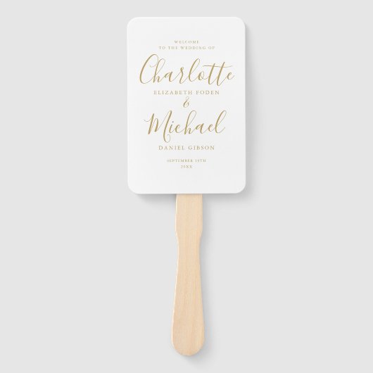 Gold Signature Script Wedding Program Handje Fan Handwaaier (Voorkant)