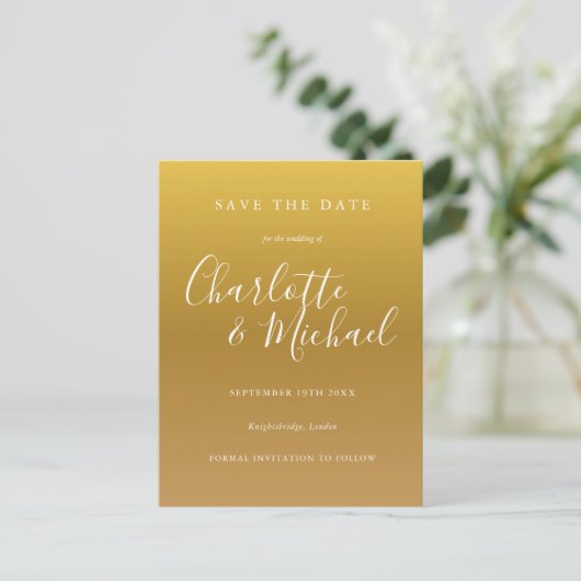 Gold Signature Wedding Save the Date Card Briefkaart (Staand voorkant)