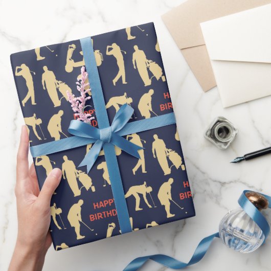 Gold Silhouette Golfer Afbeeldingen Birthday Cadeaupapier (Geschenken)