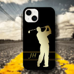 Gold Silhouette Golfer Monogram Case-Mate iPhone Case<br><div class="desc">Deze telefoondraagtas is perfect voor de golffan en is voorzien van een gouden silhouette golfer in volle zwaai. Onderaan zie je je monogram omgeven door donkere gouden lijnen. De tekst en het afbeelding worden geplaatst op een zwarte achtergrond.</div>
