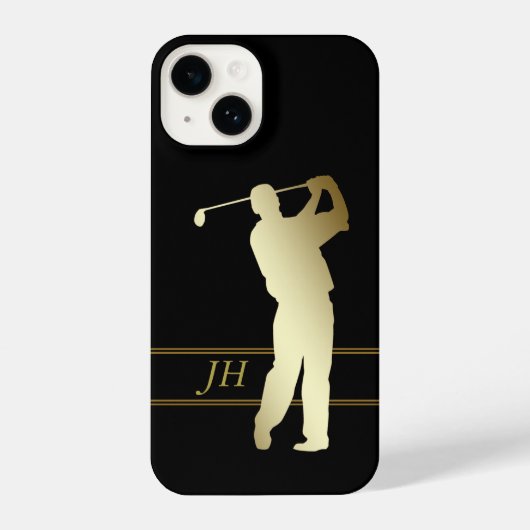 Gold Silhouette Golfer Monogram iPhone Hoesje (Achterkant)