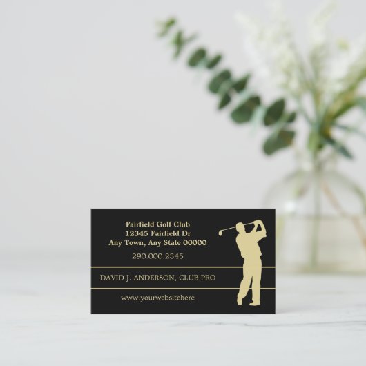 Gold Silhouette Golfer op zwart Visitekaartje (Staand voorkant)