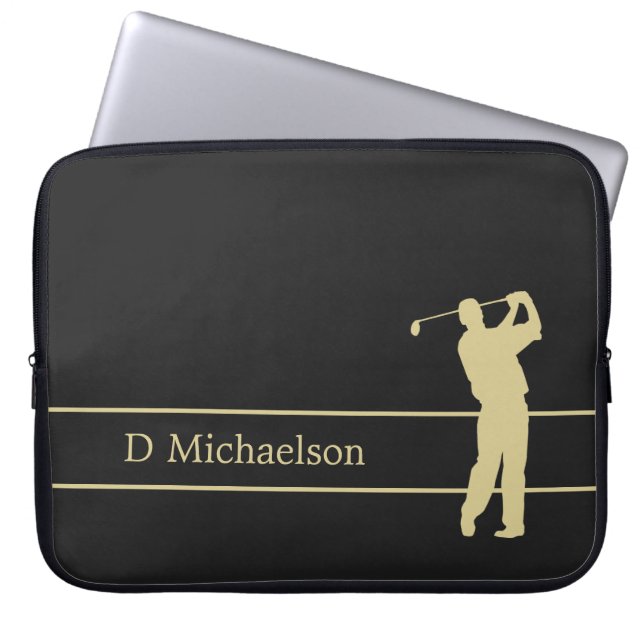 Gold Silhouette Golfer op zwarte laptophoes Laptop Sleeve (Voorkant)