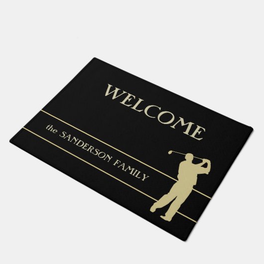 Gold Silhouette Golfer Welkom Deurmat (Schuin)