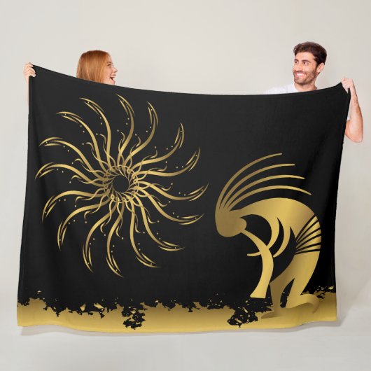 Gold Silhouette Kokopelli Fleece Blanket (In situ)