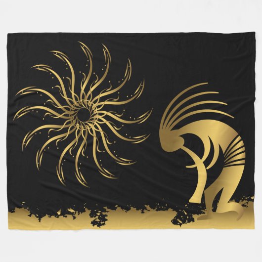 Gold Silhouette Kokopelli Fleece Blanket (Voorkant (Horizontaal))