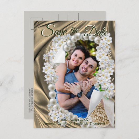 Gold Silk- en artikelparels opslaan datum Aankondigingskaart (Voorkant / Achterkant)