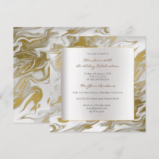 Gold Silver Abstract Marble Gray Birthday Party Kaart (Voorkant / Achterkant)