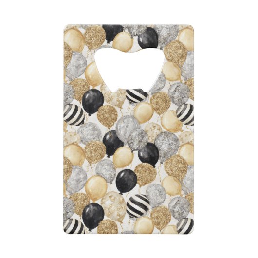 Gold Silver Black Balloons New Year Celebration Creditkaart Flessenopener (Voorkant)