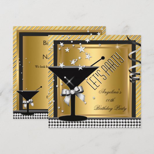 Gold Silver Black Martini Birthday Party Kaart (Voorkant / Achterkant)