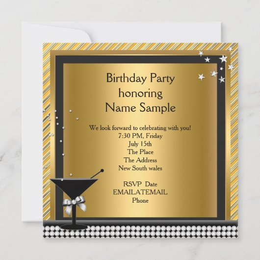 Gold Silver Black Martini Birthday Party Kaart (Achterkant)