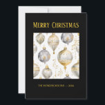 Gold Silver Black Ornaments Christmas Card Feestdagenkaart<br><div class="desc">A lovely holiday card to give for Christmas, it features a watercolor pattern of gold and silver ornaments that is very elegant. The background of the card is black. You can keep or change the faux gold "Merry Christmas" greeting. Be sure to edit the example "from" names and date. On...</div>