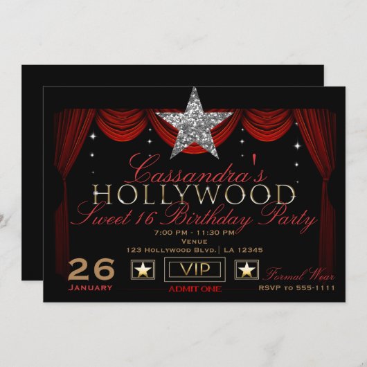 Gold Silver Black & Red Hollywood Birthday Party Kaart (Voorkant / Achterkant)