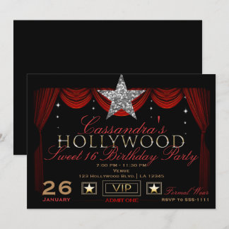 Gold Silver Black & Red Hollywood Birthday Party Kaart