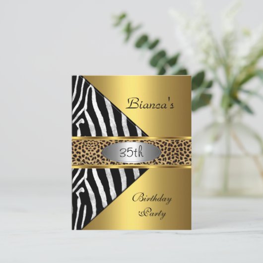 Gold Silver Black Zebra Leopard 35th Birthday Kaart (Staand voorkant)