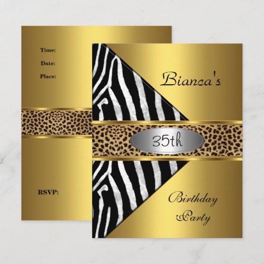 Gold Silver Black Zebra Leopard 35th Birthday Kaart (Voorkant / Achterkant)