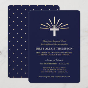 Gold Silver & Blue Baptism Invitation Kaart