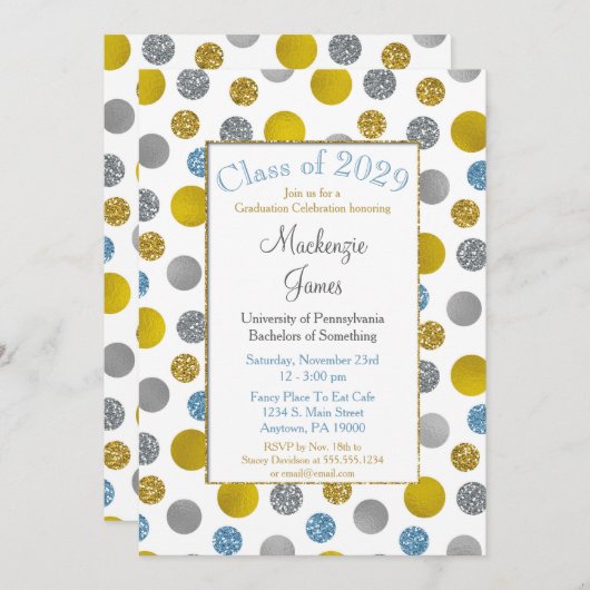 Gold Silver Blue Stippen Afstuderen Invitation Kaart (Voorkant / Achterkant)