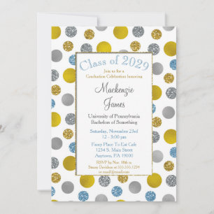 Gold Silver Blue Stippen Afstuderen Invitation Kaart