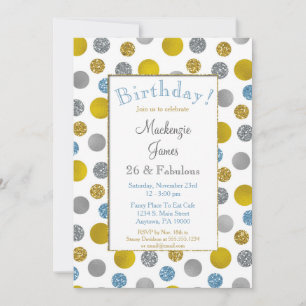 Gold Silver Blue Stippen Birthday Uitnodiging