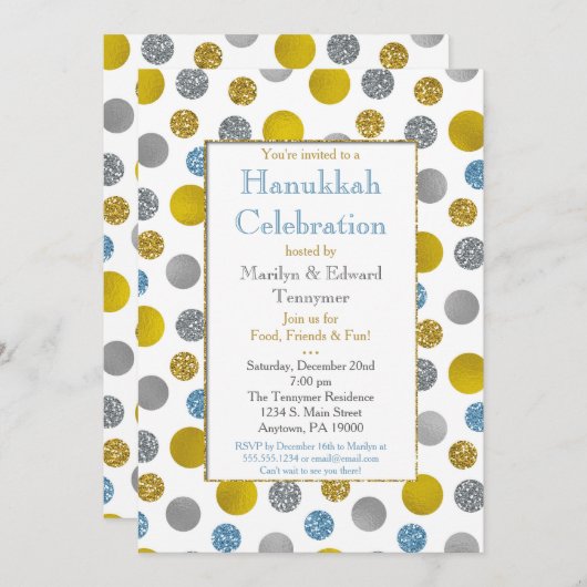 Gold Silver Blue Stippen Hanukkah Kaart (Voorkant / Achterkant)