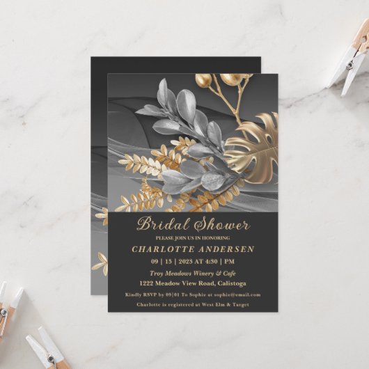 Gold & Silver Botanical Bridal Shower Invitation Kaart (Voorkant / Achterkant in situ)
