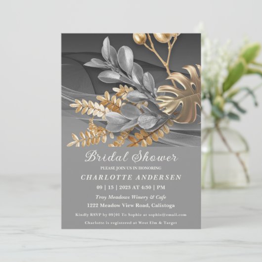 Gold & Silver Botanical Bridal Shower Invitation Kaart (Staand voorkant)