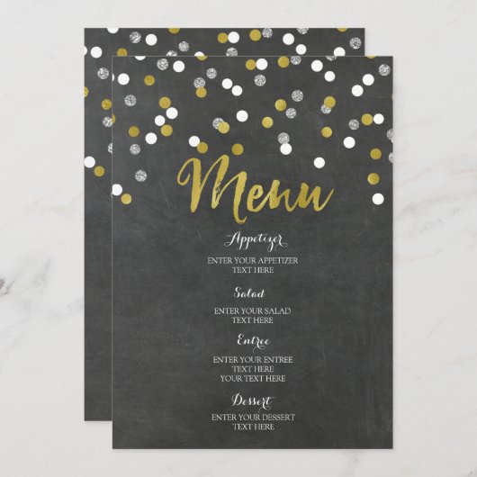 Gold Silver Chalkboard Confetti Wedding Menu (Voorkant / Achterkant)