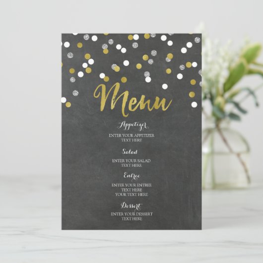 Gold Silver Chalkboard Confetti Wedding Menu (Staand voorkant)