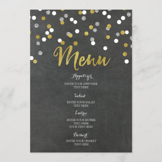 Gold Silver Chalkboard Confetti Wedding Menu (Voorkant)