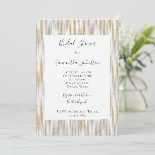 Gold Silver Chic Glam Glitzy Stripes Bridal Shower Kaart (Staand voorkant)