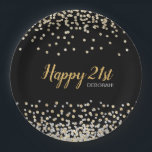 Gold Silver Confetti 21st Birthday Party Papieren Bordje<br><div class="desc">Voeg uw eigen speciale aanraking aan dit elegante ontwerp van het bord van de verjaardagspartij toe met bijzonder goud en zilveren confetti over een zwarte achtergrond,  moderne scripttypografie met de woorden "Happy 21st" en de naam van het verjaardagsmeisje.</div>