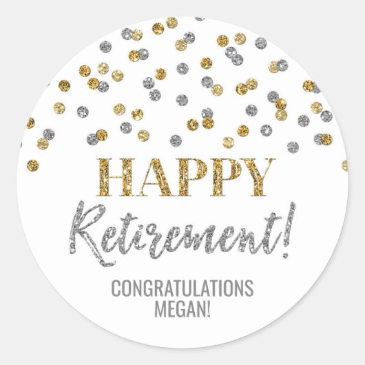 Gold Silver Confetti Happy Retirement Ronde Sticker (Voorkant)